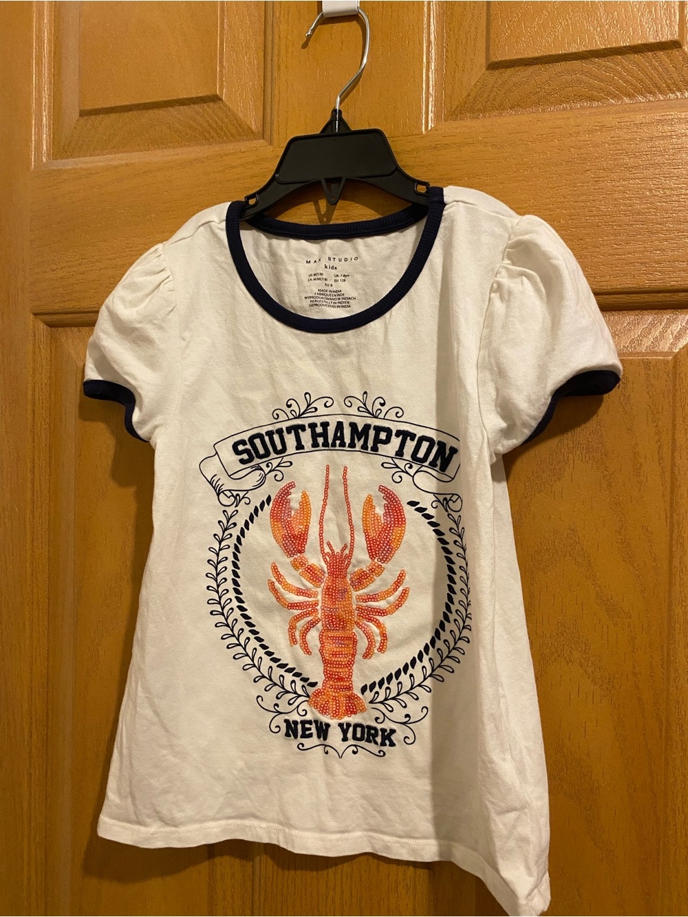 Max Studio White Tee with Navy Trim and Orange Sequin Lobster
